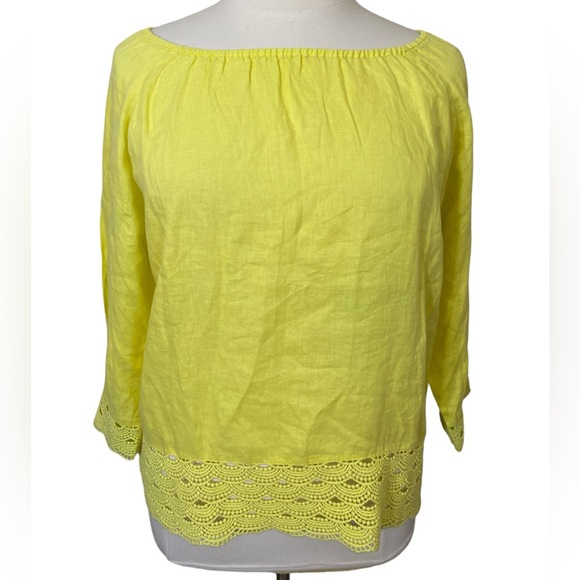 Yellow 100% linen boat neck 3/4 sleeve crochet trim top - Picture 1 of 3